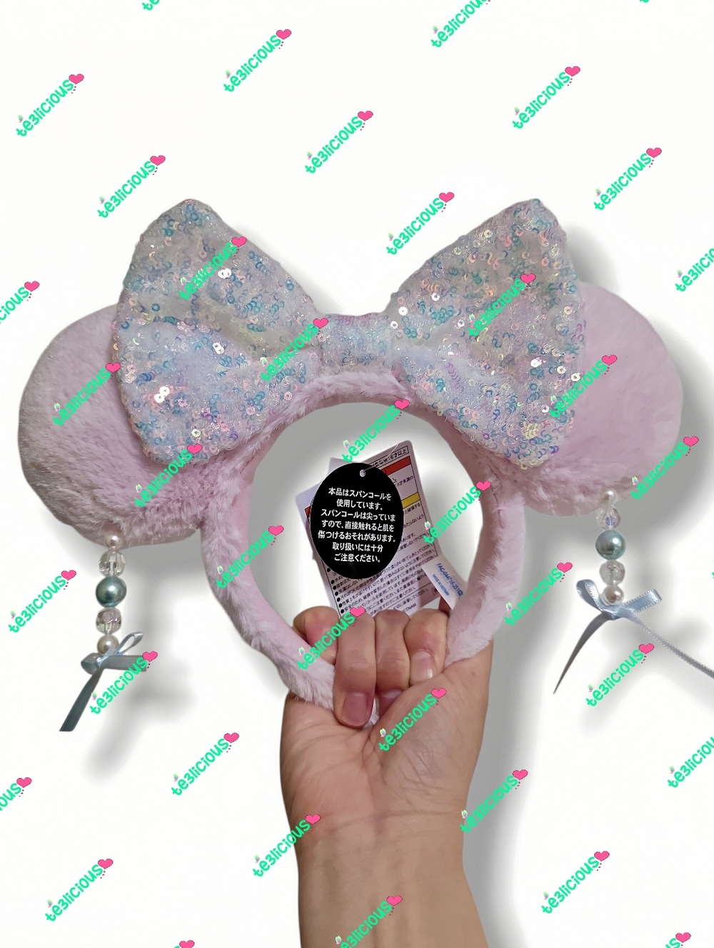 TOKYO DISNEY PINK PLUSH PEARL IRIDESCENT BOW MINNIE HEADBAND EARS
